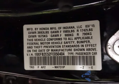 2015 Honda Civic Lx из США, поврежденный, VIN 19XFB2E52FE050404